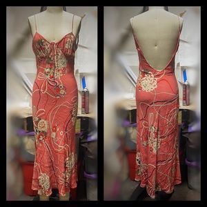 Zara 70’s style floral bias cut midi dress coral spaghetti straps tie front XS